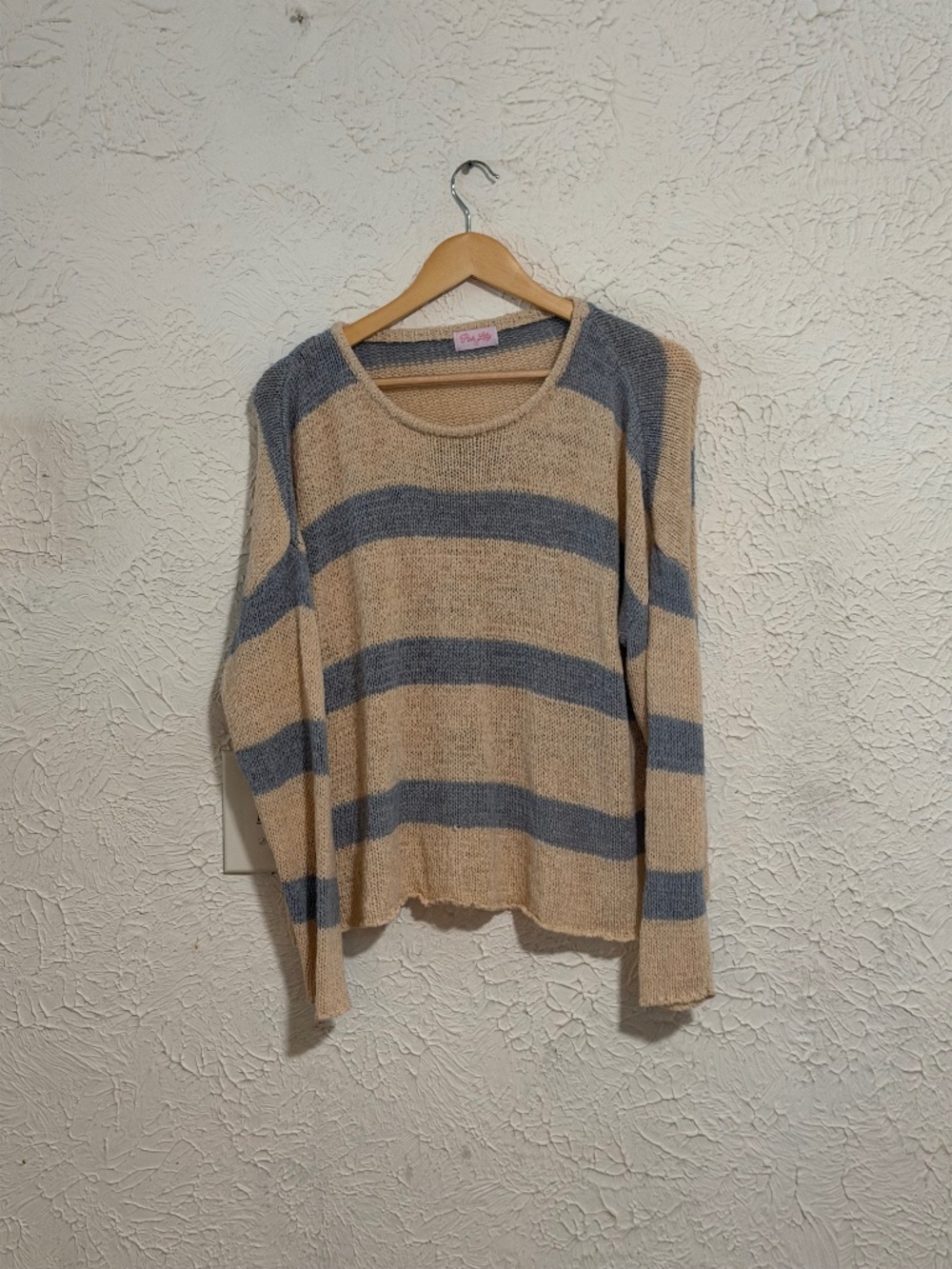 Pink Lily Tan Gray Striped Open Knit Sweater Women’s Small